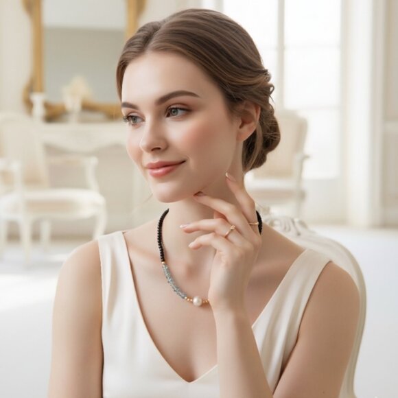 🆕️ Boho Chic Crystal & Freshwater Pearl Necklace With Gold Plated Bead Accents - Picture 5 of 11